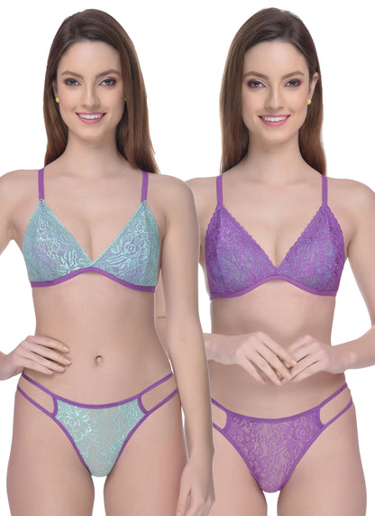 Chia Fashions Lace Bra Panty Sets Pack Of 2  - Purple And Green