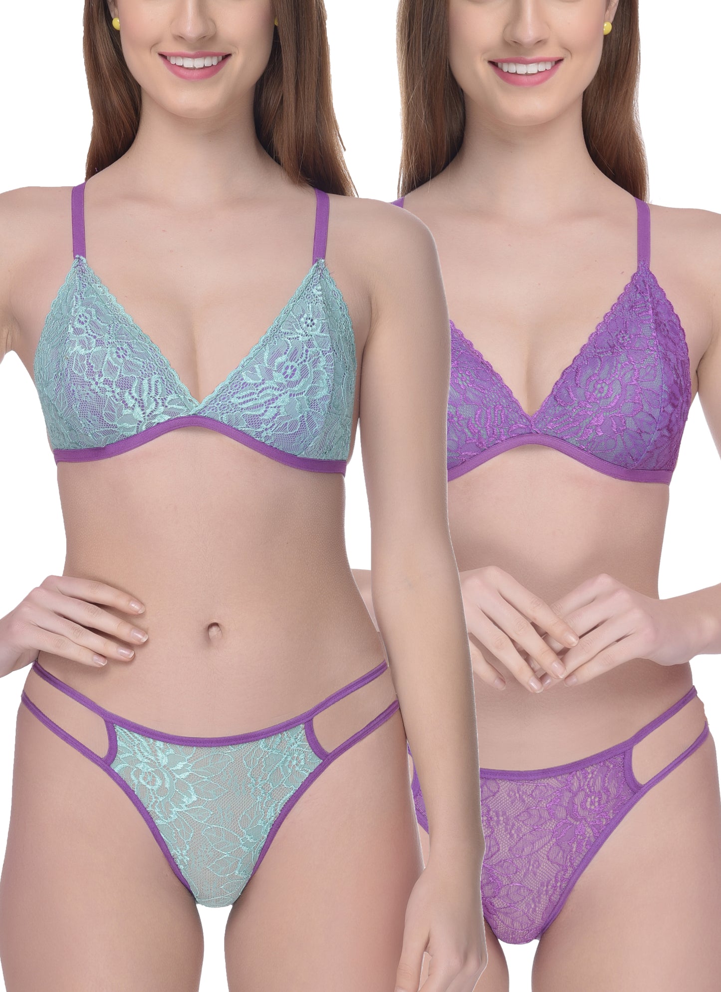 Chia Fashions Lace Bra Panty Sets Pack Of 2  - Purple And Green