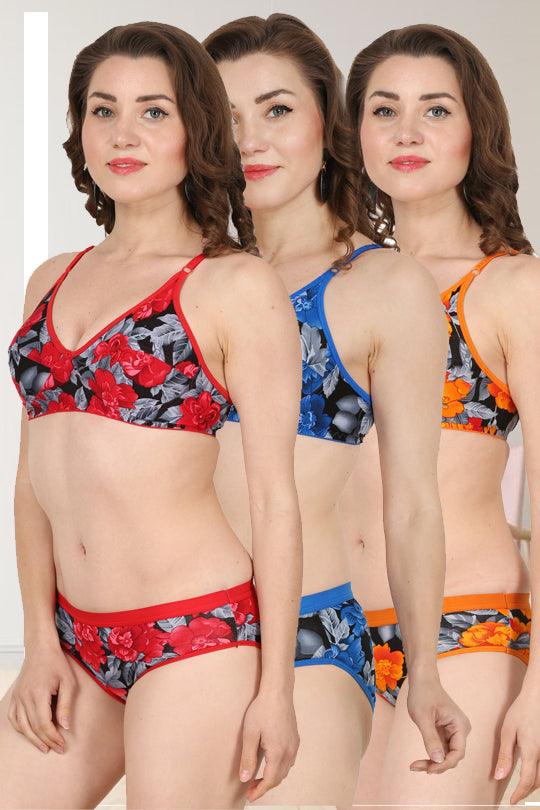 Chia Fashions Flower Printed Bra Panty Sets Pack of 3