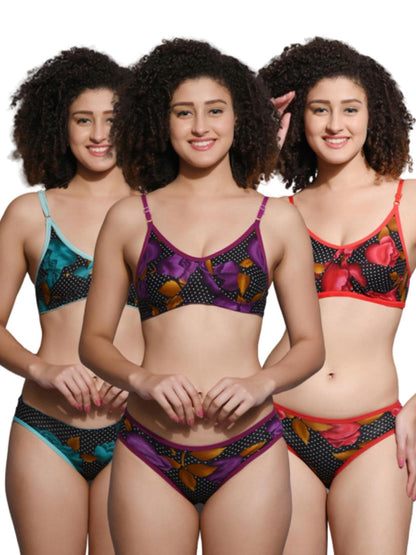 Chia Fashion Women Floral Cotton Blend Lingerie Set (Pack Of 3).