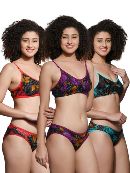 Chia Fashion Women Floral Cotton Blend Lingerie Set (Pack Of 3).