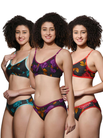 Chia Fashion Women Floral Cotton Blend Lingerie Set (Pack Of 3).