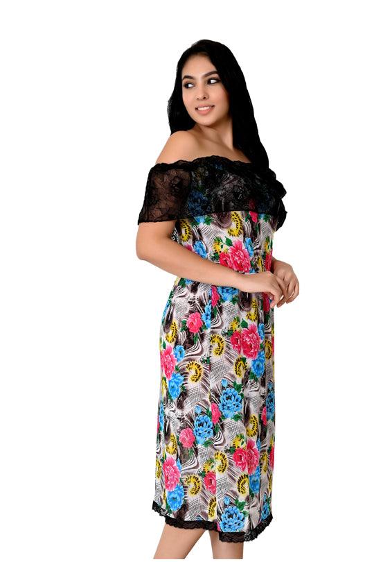 Chia Fashions Printed Net Ladies Off Shoulder Multicolor - Casual Wear.