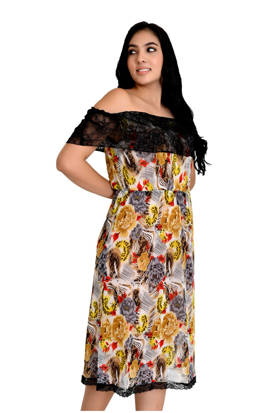 Chia Fashions Printed Net Ladies Off Shoulder Multicolor - Casual Wear.