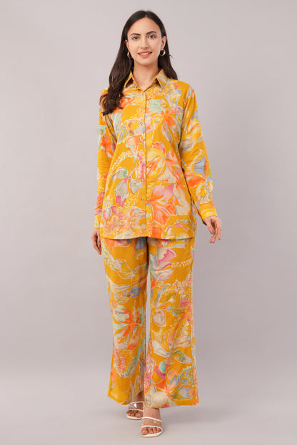 Chia Fashions Stylish Bright Yellow Rayon Viscose Cotton With Collar Neck Co-Ord Set