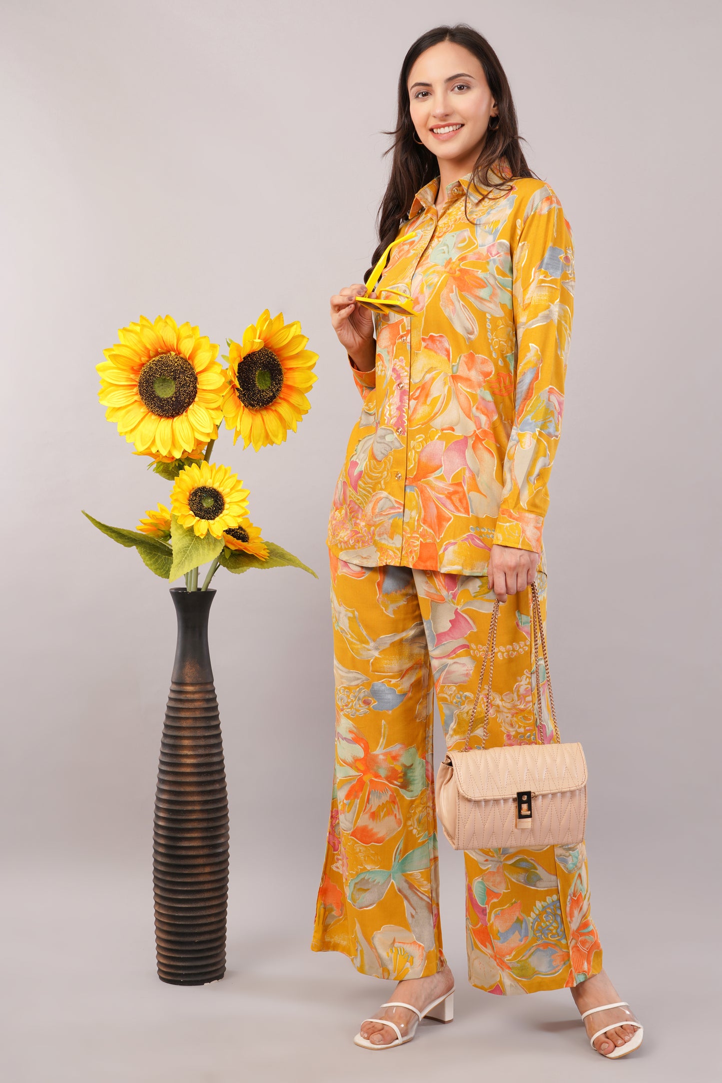 Chia Fashions Stylish Bright Yellow Rayon Viscose Cotton With Collar Neck Co-Ord Set