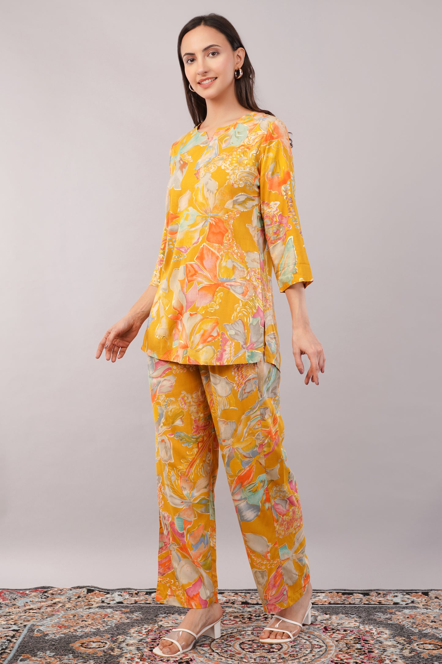 Chia Fashions Stylish Bright Yellow Color Rayon Viscose Cotton Co-Ord Set