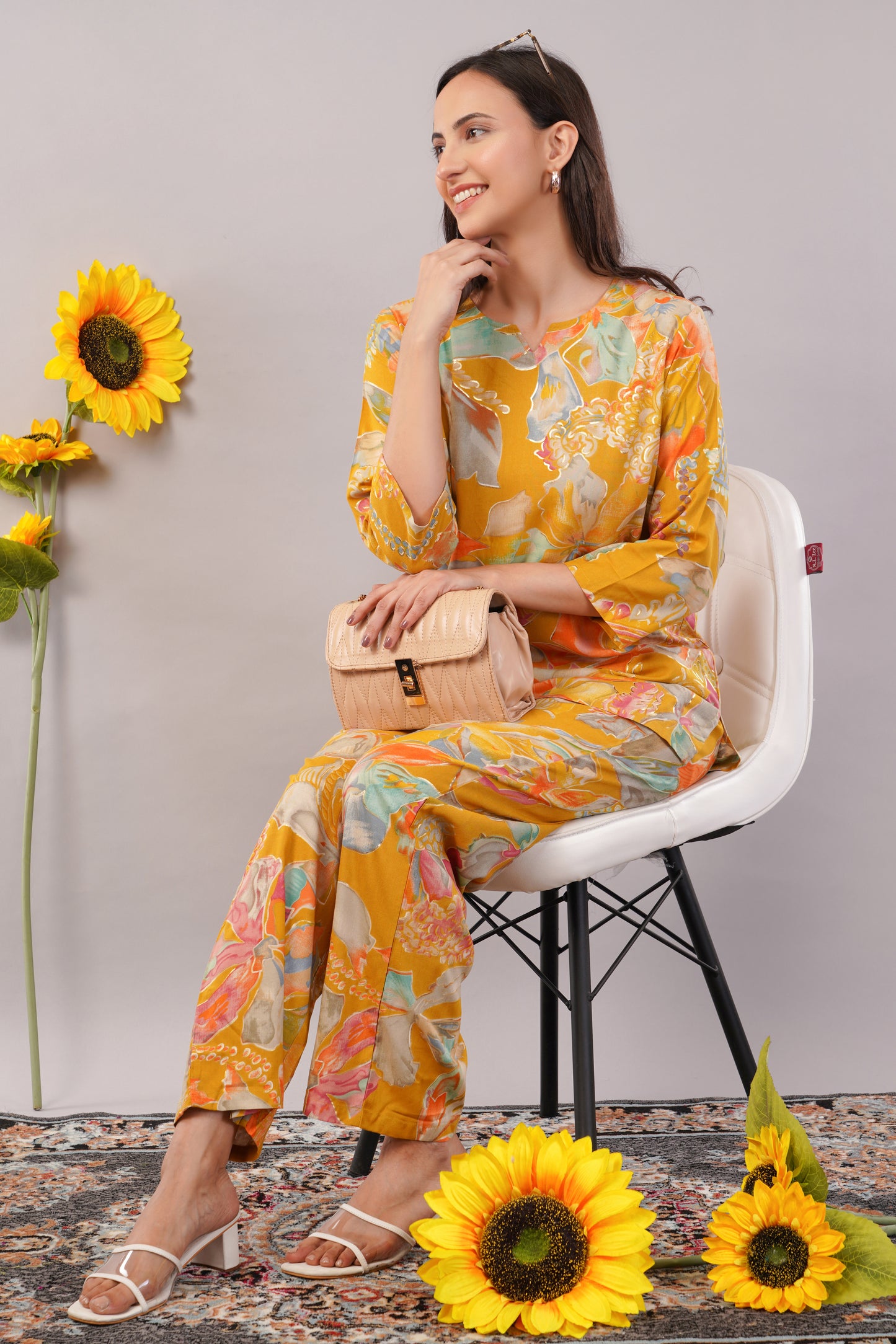 Chia Fashions Stylish Bright Yellow Color Rayon Viscose Cotton Co-Ord Set